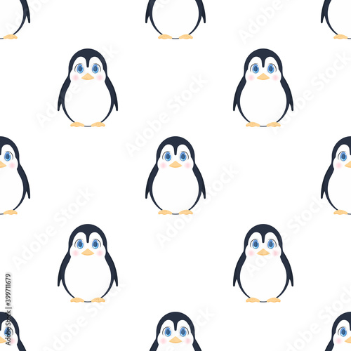 Seamless penguins pattern. Festive background for websites and applications. Suitable for postcards, wrapping paper nd posters. Vector illustration.