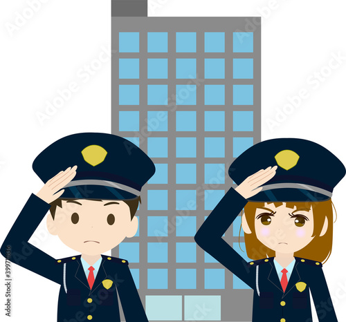 ビルを警備する敬礼する警備員のイラスト