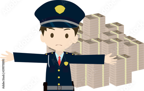 札束を両手を広げて守る可愛い警備員のイラスト