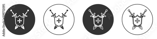 Black Medieval shield with crossed swords icon isolated on white background. Circle button. Vector.