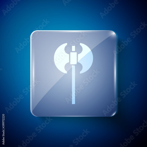 White Medieval axe icon isolated on blue background. Battle axe, executioner axe. Medieval weapon. Square glass panels. Vector.