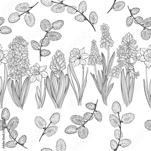 First spring flowers. Seamless vector pattern with hyacinths, daffodils, muscari and pussy willow branches on white. Perfect for design templates, wallpaper, wrapping, fabric and textile.