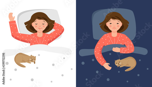 Two scenes with normal sleep and insomnia. A girl in pink pajamas lies in bed and cannot sleep. Insomnia concept. A cat is lying on the blanket.