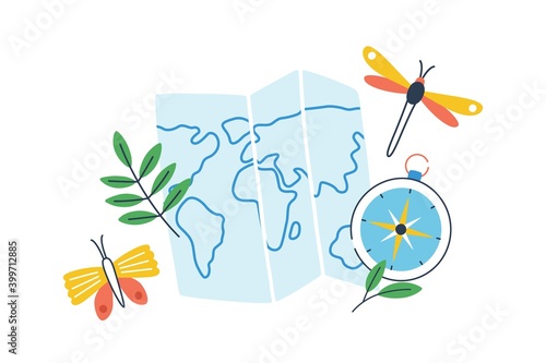 Concept of exploration, travel and eco tourism. Composition of geographical or naturalistic objects. Flat vector cartoon illustration of world map and compass isolated on white