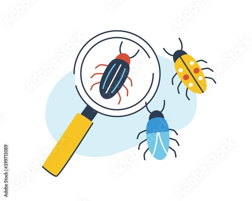 Concept of biology, entomology and coleopterology. Composition of insects and magnifying glass. Magnifier and species of bugs or beetles. Flat vector cartoon illustration isolated on white background