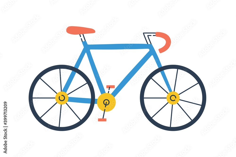Modern colorful city bicycle side view. Colored road bike isolated on white background. Bright eco urban transport. Simple vector illustration in flat cartoon style