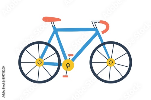Modern colorful city bicycle side view. Colored road bike isolated on white background. Bright eco urban transport. Simple vector illustration in flat cartoon style