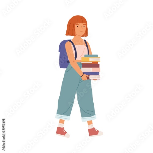 Teenage girl going to school. Pupil with backpack holding pile of books. Student walking and carry studentbooks. Scene of first day or schooling. Flat vector cartoon illustration isolated on white
