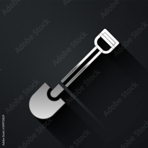 Silver Fire shovel icon isolated on black background. Fire protection equipment. Equipment for firefighter. Long shadow style. Vector.