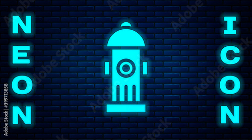 Glowing neon Fire hydrant icon isolated on brick wall background. Vector.