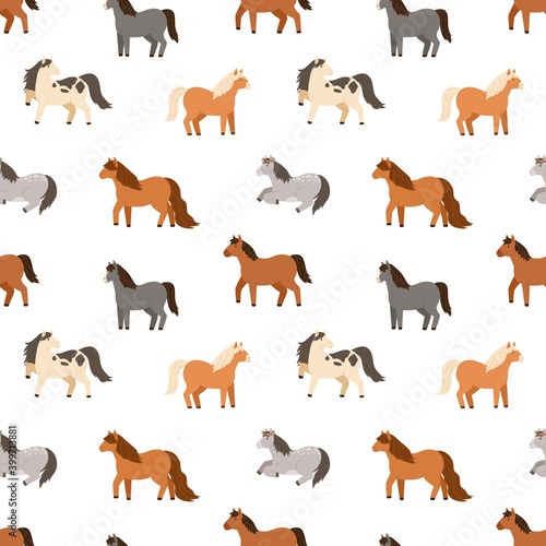 Seamless pattern of different cute little horses. Repeatable background with various childish pony. Charming funny equine. Flat vector cartoon illustration of domestic farm animals
