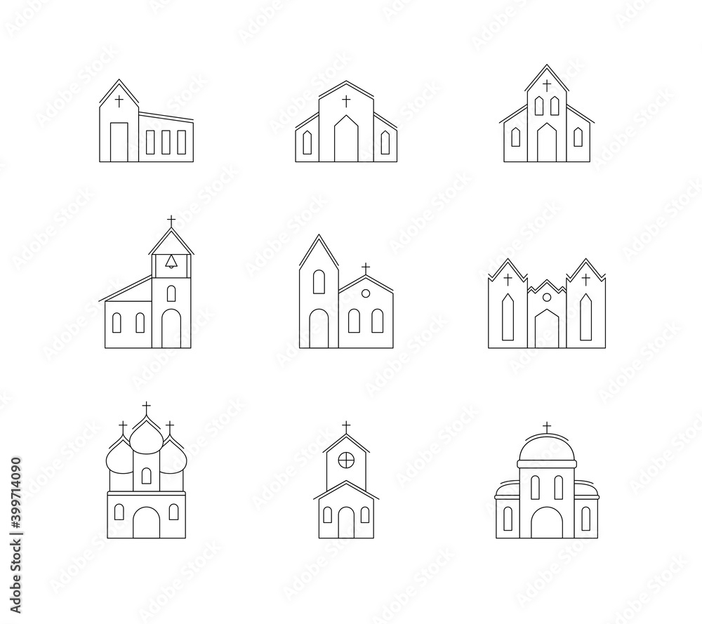 Vector set of church buildings icons. Linear simple isolated icons in flat style on white background. Design template for web pages, applications and social networks.