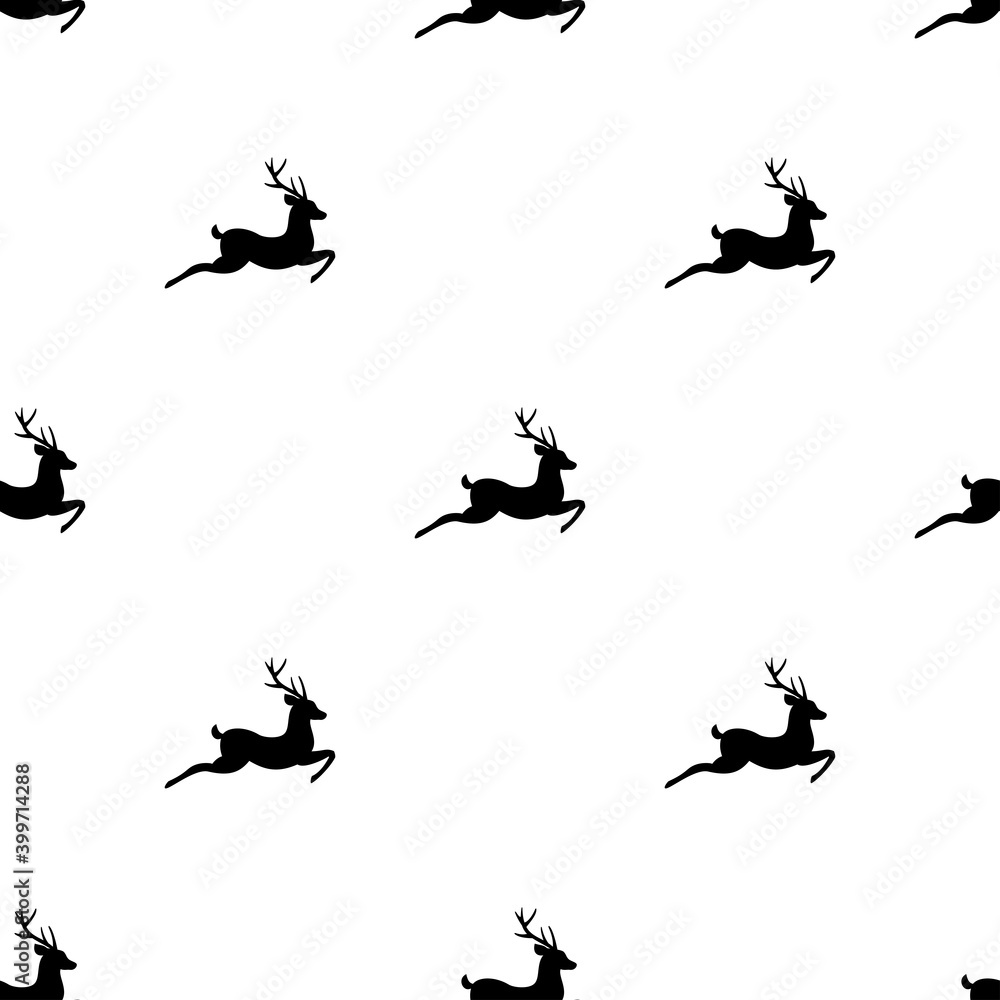 seamless hunting pattern with black silhouette of jumping deer with antlers.