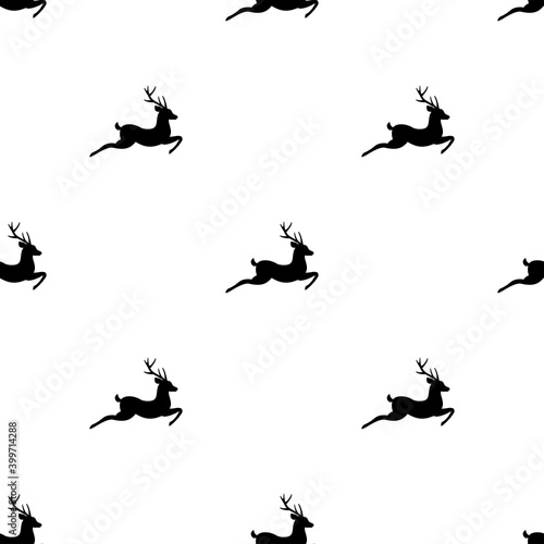 seamless hunting pattern with black silhouette of jumping deer with antlers.