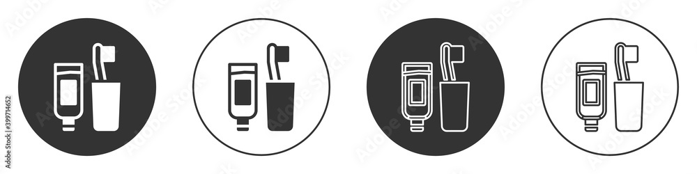 Black Toothbrush and tube of toothpaste icon isolated on white background. Disposable bathroom supplies. Circle button. Vector. Black Toothbrush and tube of toothpaste icon isolated on white background. Disposable bathroom supplies. Circle button. Vector.