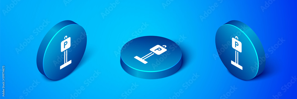 Isometric Parking icon isolated on blue background. Street road sign. Blue circle button. Vector. Isometric Parking icon isolated on blue background. Street road sign. Blue circle button. Vector.