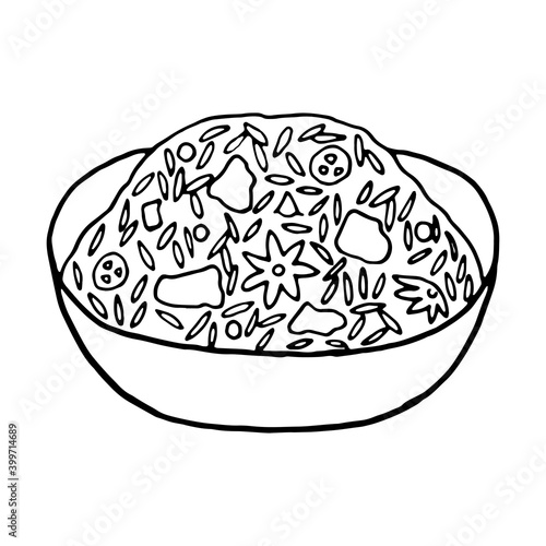 Vector hand drawn doodle biryani. Indian cuisine dish. Design sketch element for menu cafe, restaurant, label and packaging. Illustration on a white background.