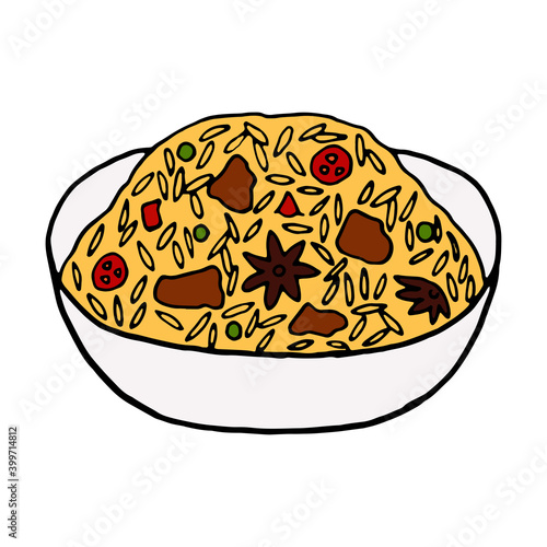 Vector hand drawn doodle biryani. Indian cuisine dish. Design sketch element for menu cafe, restaurant, label and packaging. Colorful illustration on a white background.