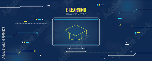 Vector design concept template for web banner, e-learning, online learning anywhere anytime. Computer, monitor illustration. Dark background with bright elements stylized as microcircuits. Copyspace.