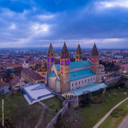 Szekesegyhaz in Pecs, Humgary with Advent lights photo