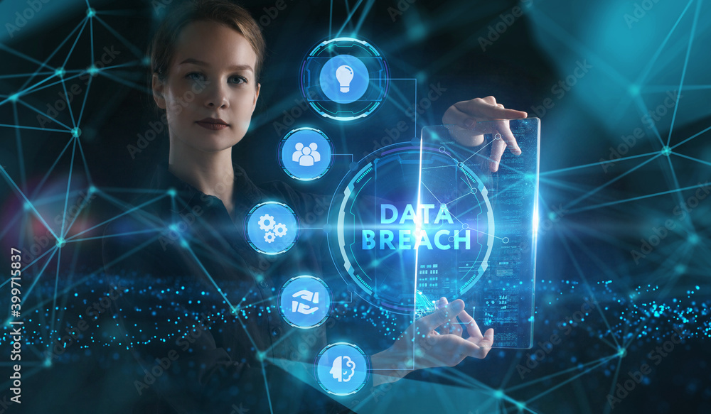 Business, Technology, Internet and network concept. Young businessman working on a virtual screen of the future and sees the inscription: Data breach Business, Technology, Internet and network concept. Young businessman working on a virtual screen of the future and sees the inscription: Data breach