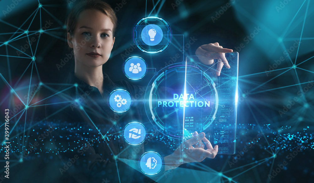 Business, Technology, Internet and network concept. Young businessman working on a virtual screen of the future and sees the inscription: Data protection Business, Technology, Internet and network concept. Young businessman working on a virtual screen of the future and sees the inscription: Data protection