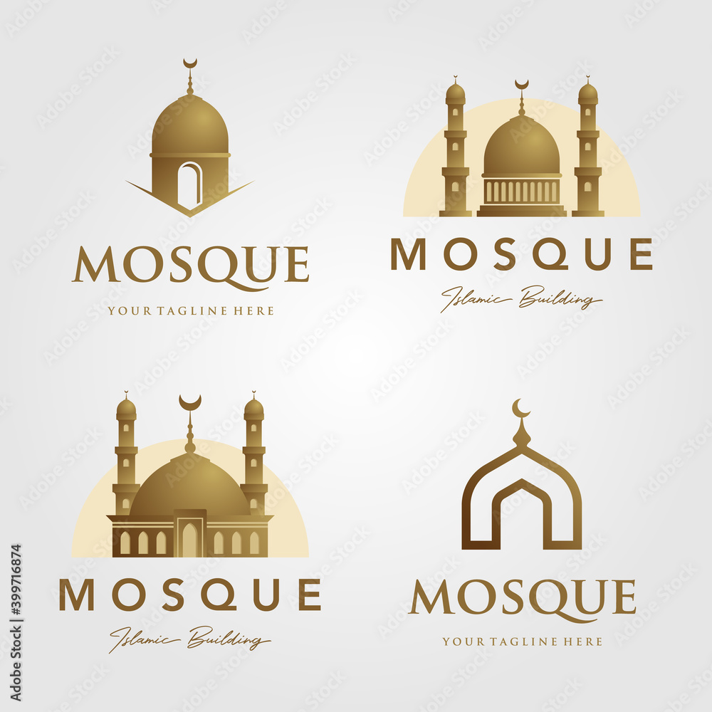 set of mosque logo islamic symbol gold color minimalist vector icon illustration