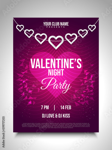 Valentine's night party invitation card or poster design with hanging hearts and abstract ornaments