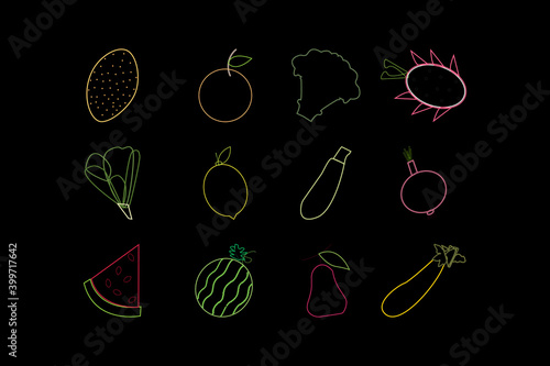 set of fresh fruits and vegetables isolated on dark background watermelon, dragon fruit, lemon, pare apple, brinjal, lettuce, broccoli vector illustration. 
