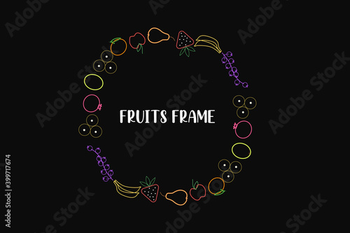 fruits frame text inside the outlined fruits frame isolated on dark background vector illustration. 
