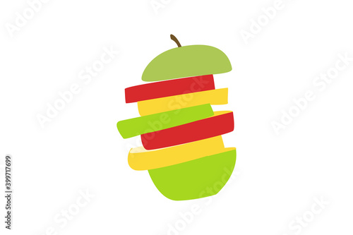 multi color apples sliced and arranged in to fruit sandwich isolated on white background creative design for backgrounds, posters, menu cover illustration. 
