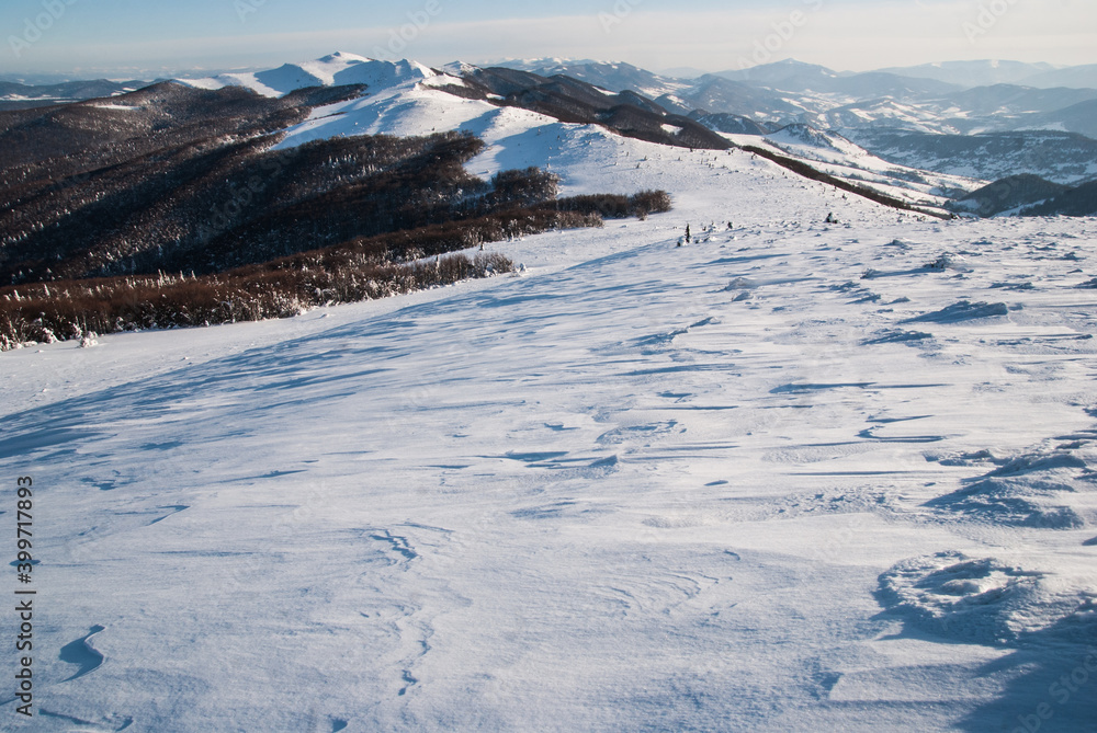 Winter in the Bieszczady Mountains. Carpathians covered in snow. 