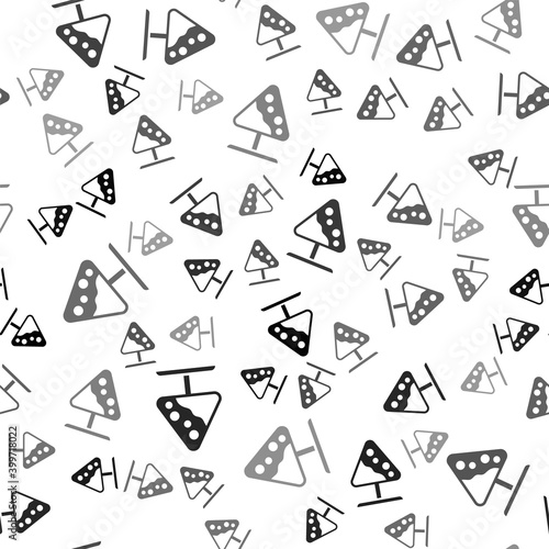 Black Road sign avalanches icon isolated seamless pattern on white background. Snowslide or snowslip rapid flow of snow down a sloping surface. Vector.