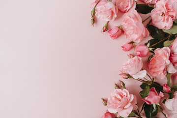 Pink rose flowers bouquet on pink background. Flat lay, top view minimal floral composition.