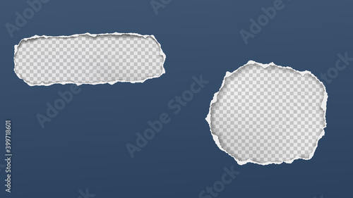 Round and oval holes composition in blue paper with torn edges and soft shadow are on transparent background. Vector illustration