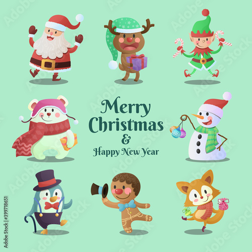 Fototapeta Naklejka Na Ścianę i Meble -  Cute Christmas characters hand drawn flat cartoon collection