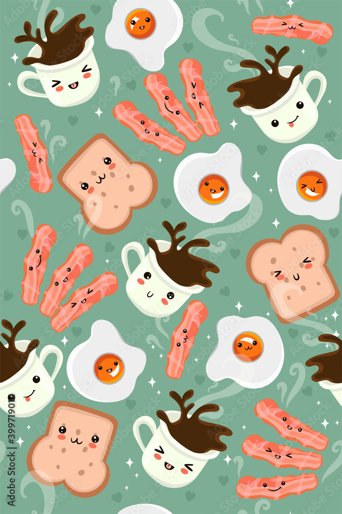 Eggs, coffee and bacon seamless pattern. Cute breakfast. Vector graphics