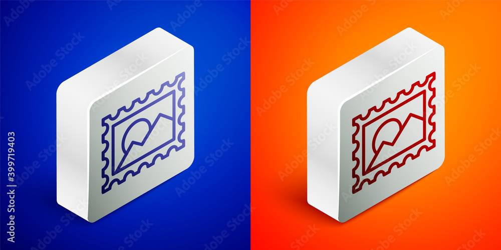 Isometric line Postal stamp icon isolated on blue and orange background. Silver square button. Vector Illustration. Isometric line Postal stamp icon isolated on blue and orange background. Silver square button. Vector Illustration.