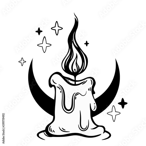 burning candle on a black crescent background