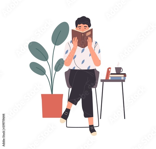 Modern young man reading book sitting in chair. Smart male reader enjoying literature or studying and preparing for exam with stack of textbooks and cup of coffee. Colorful flat vector illustration