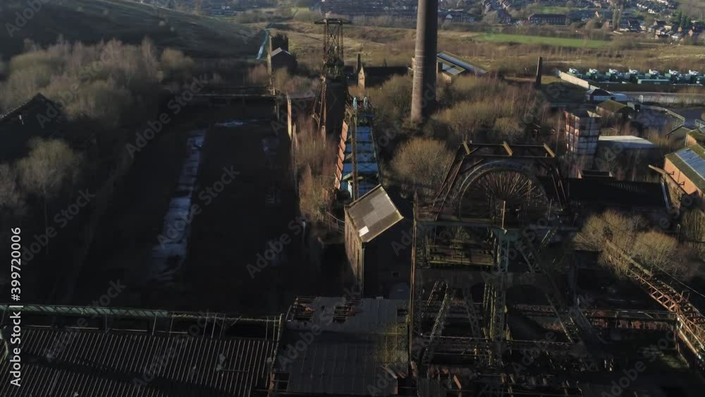 Abandoned run down Staffordshire historical industrial coal mine buildings landmark aerial view Abandoned run down Staffordshire historical industrial coal mine buildings landmark aerial view