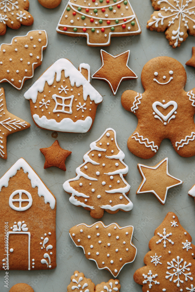 Winter holiday pattern-a set of gingerbread, the layout of the pattern. cookies in the form of a house, a christmas tree, a person, a star decorated with icing.