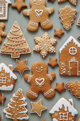Winter holiday pattern-a set of gingerbread, the layout of the pattern. cookies in the form of a house, a christmas tree, a person, a star decorated with icing.