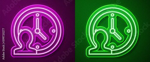 Glowing neon line Time Management icon isolated on purple and green background. Clock and gear sign. Productivity symbol. Vector.