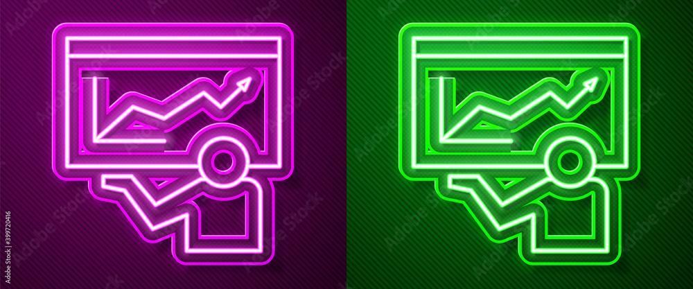 Glowing neon line Training, presentation icon isolated on purple and green background. Vector. Glowing neon line Training, presentation icon isolated on purple and green background. Vector.