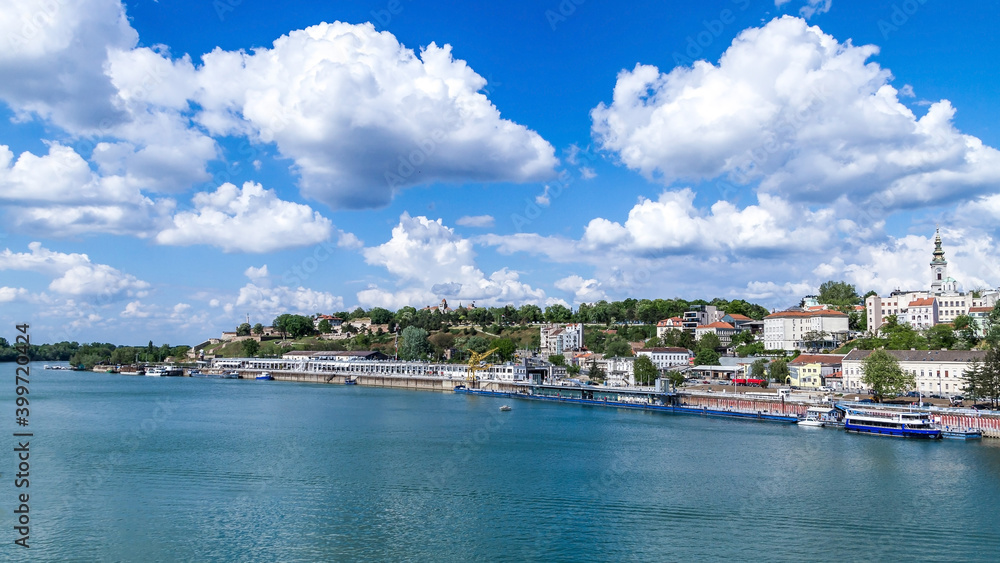 Kalemegdan fortress in Belgrade city, Serbia. Old fortress, Belgrade port and Sava river with cloudy sky.