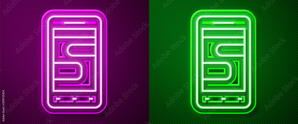 Glowing neon line New chat messages notification on phone icon isolated on purple and green background. Smartphone chatting sms messages speech bubbles. Vector. Glowing neon line New chat messages notification on phone icon isolated on purple and green background. Smartphone chatting sms messages speech bubbles. Vector.