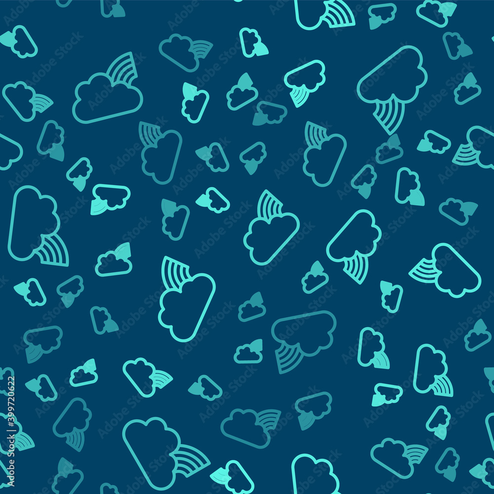 Green line Rainbow with clouds icon isolated seamless pattern on blue background. Vector. Green line Rainbow with clouds icon isolated seamless pattern on blue background. Vector.