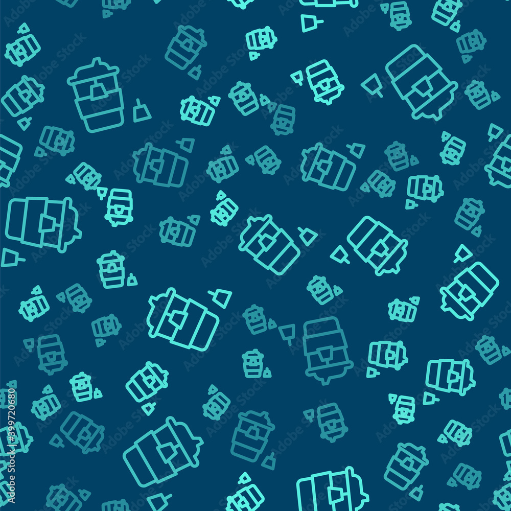 Green line Coffee cup to go icon isolated seamless pattern on blue background. Vector. Green line Coffee cup to go icon isolated seamless pattern on blue background. Vector.