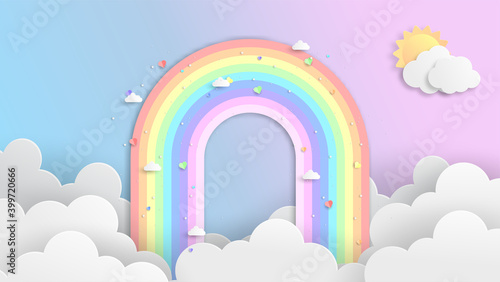 Illustration of rainbows and clouds in the sky. Graphic design for Rainbow. flying hearts. Paper cut and craft styles. vector, illustration.